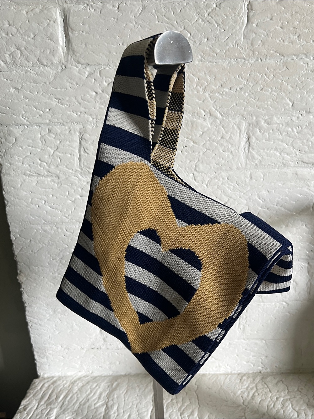 Striped Navy & Cream Heart Knit Tote Bag